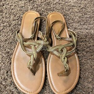 American Eagle Women's Sandals‎ Gold Beaded Flats Shoes Brown Size 8.5